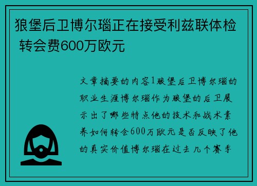 狼堡后卫博尔瑙正在接受利兹联体检 转会费600万欧元 狼堡后卫博尔瑙正在接受利兹联体检 转会费600万欧元