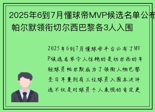 2025年6到7月懂球帝MVP候选名单公布 帕尔默领衔切尔西巴黎各3人入围 2025年6到7月懂球帝MVP候选名单公布 帕尔默领衔切尔西巴黎各3人入围