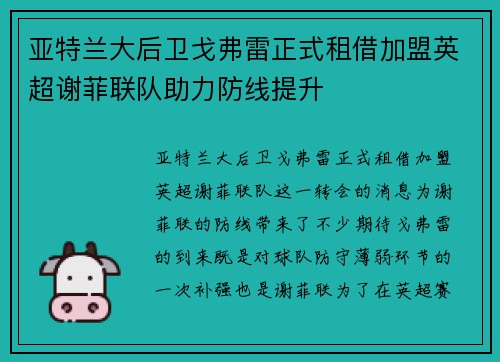 亚特兰大后卫戈弗雷正式租借加盟英超谢菲联队助力防线提升 亚特兰大后卫戈弗雷正式租借加盟英超谢菲联队助力防线提升