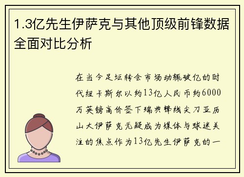 1.3亿先生伊萨克与其他顶级前锋数据全面对比分析 1.3亿先生伊萨克与其他顶级前锋数据全面对比分析